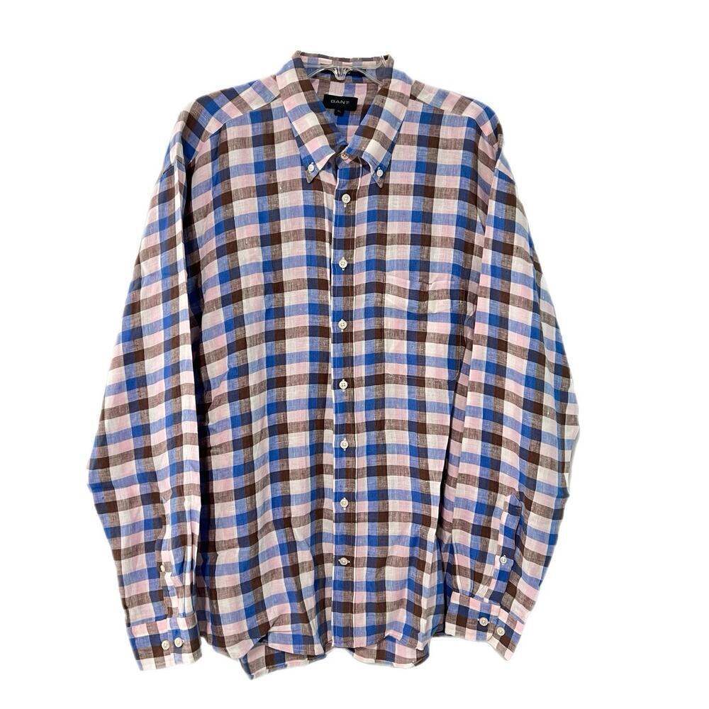 GANT Long Island Linen Shirt Mens XL Regular Fit Button Down Plaid Blue Brown